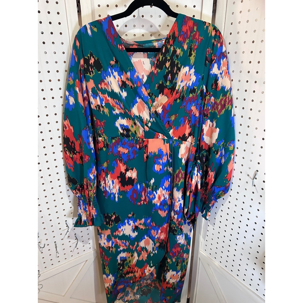 Abstract Print Wrap Midi Dress Long Sleeve Emerald‎ Green Women's XL